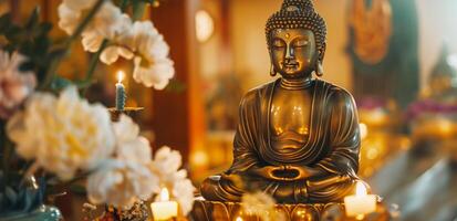 A Buddha statue surrounded by burning candles and flowers. The concept of Happy Vesak Day. Experience the serene beauty of a Buddhist saint. The bokeh effect in the background. photo