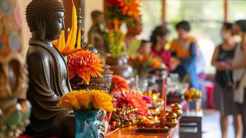 A Buddha statue surrounded by burning candles and flowers. The concept of Happy Vesak Day. Experience the serene beauty of a Buddhist saint. The bokeh effect in the background. photo