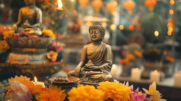 A Buddha statue surrounded by burning candles and flowers. The concept of Happy Vesak Day. Experience the serene beauty of a Buddhist saint. The bokeh effect in the background. photo