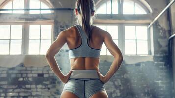 Close-up of athletic young woman. Perfect muscles, fitness classes. View from the back. Young woman in sports top on a background with bokeh effect, copy space. photo