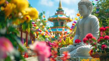 A Buddha statue surrounded by burning candles and flowers. The concept of Happy Vesak Day. Experience the serene beauty of a Buddhist saint. The bokeh effect in the background. photo