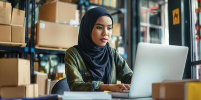 un joven musulmán mujer en un hiyab, negocio mujer rodeado por cajas, trabajando en un ordenador portátil. pequeño negocio, entrega, mujer de negocios. orgulloso negocio dueño. bokeh efecto. foto