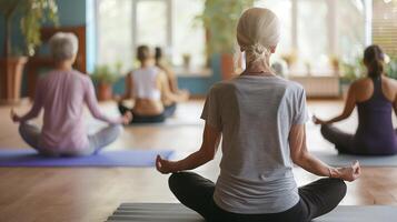 Older women practice yoga, meditate in yoga classes and lead an active and healthy lifestyle. Retirement hobbies and leisure activities for the elderly. Bokeh in the background. photo