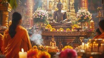 A Buddha statue surrounded by burning candles and flowers. The concept of Happy Vesak Day. Experience the serene beauty of a Buddhist saint. The bokeh effect in the background. photo