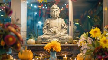 A Buddha statue surrounded by burning candles and flowers. The concept of Happy Vesak Day. Experience the serene beauty of a Buddhist saint. The bokeh effect in the background. photo