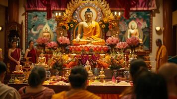 A Buddha statue surrounded by burning candles and flowers. The concept of Happy Vesak Day. Experience the serene beauty of a Buddhist saint. The bokeh effect in the background. photo