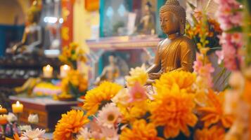 A Buddha statue surrounded by burning candles and flowers. The concept of Happy Vesak Day. Experience the serene beauty of a Buddhist saint. The bokeh effect in the background. photo