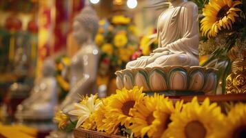 A Buddha statue surrounded by burning candles and flowers. The concept of Happy Vesak Day. Experience the serene beauty of a Buddhist saint. The bokeh effect in the background. photo