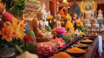 A Buddha statue surrounded by burning candles and flowers. The concept of Happy Vesak Day. Experience the serene beauty of a Buddhist saint. The bokeh effect in the background. photo