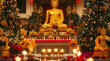 A Buddha statue surrounded by burning candles and flowers. The concept of Happy Vesak Day. Experience the serene beauty of a Buddhist saint. The bokeh effect in the background. photo