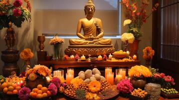 A Buddha statue surrounded by burning candles and flowers. The concept of Happy Vesak Day. Experience the serene beauty of a Buddhist saint. The bokeh effect in the background. photo