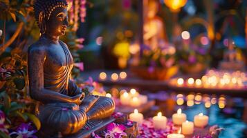 A Buddha statue surrounded by burning candles and flowers. The concept of Happy Vesak Day. Experience the serene beauty of a Buddhist saint. The bokeh effect in the background. photo