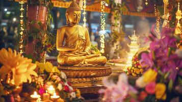 A Buddha statue surrounded by burning candles and flowers. The concept of Happy Vesak Day. Experience the serene beauty of a Buddhist saint. The bokeh effect in the background. photo