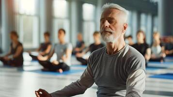 Older men practice yoga, meditate in yoga classes and lead an active and healthy lifestyle. Retirement hobbies and leisure activities for the elderly. Bokeh in the background. photo