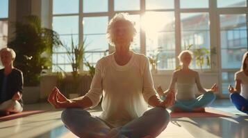 Older women practice yoga, meditate in yoga classes and lead an active and healthy lifestyle. Retirement hobbies and leisure activities for the elderly. Bokeh in the background. photo