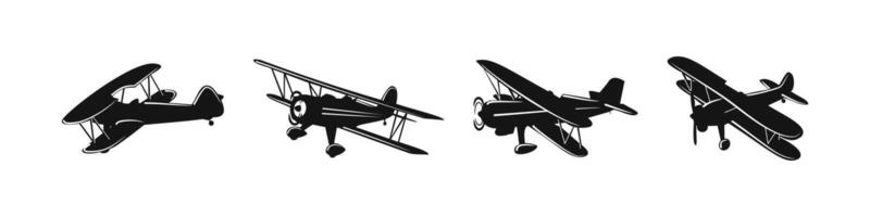 Aeroplane silhouette. Vinatge airplane set. Old aircraft illustration. vector