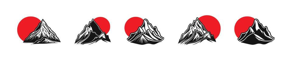 Traditional Japanese mountain illustration. Japan style mountains. Red circle sun design element. vector