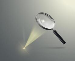 A realistic magnifying glass burns a surface using a sunbeam. vector