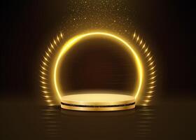 Golden podium with a neon circle and brilliant rain of golden confetti to present your product. vector