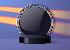 Podium in 3D style with a round black backdrop and lighting. vector