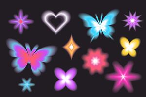 Holographic y2k future metal butterfly badge, stamp, trendy colored sticker set heart and abstract shapes vector