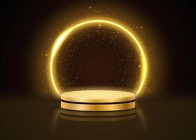 Gold podium with neon glowing round frame, confetti glitter and sparkling rain for your product presentation. vector