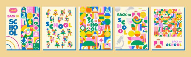 Set of 5 Back to School Templates. Modern, bright with a variety of school supplies and children who are in a hurry to learn. For announcements, advertisements, invitations, posters and much more vector