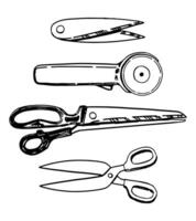 Sketch set of thread clipper, scissors, rotary cutter, knife for fabric. Sewing craft, tailor tool doodles. Outline illustration collection. vector