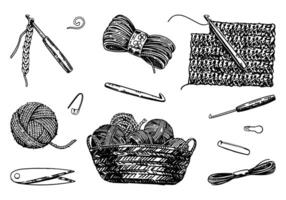Sketch set of crochet hook, yarn, stitch marker, handicraft tools. Hobby, knitwork doodle. Outline illustrations collection. vector