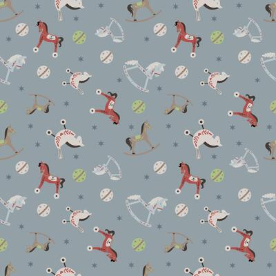 Retro rocking kids toys horses and balls, stars seamless pattern on grey background.