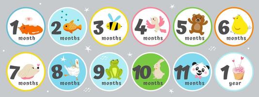 Cute baby stickers with month of age, animals, birds, sweets. vector