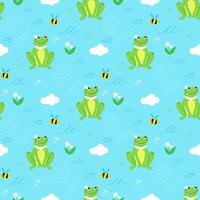 Seamless pattern with cute frog and bee, daisies and clouds. Print for children textile, pack, fabric, wallpaper, wrapping. vector