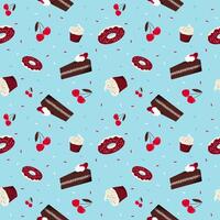 Cute seamless pattern with cherry and chocolate taste sweets as cupcakes, donuts and cakes on a blue background. vector