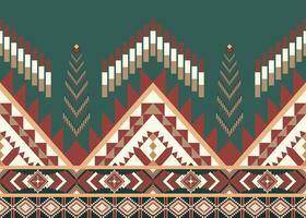 Seamless ethnic pattern on green background. Abstract illustration geometric shapes of squares, triangles, and rectangular, in brown, yellow and red. vector