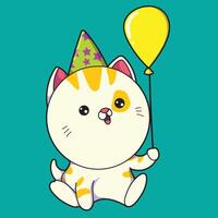 illustration of a cat wearing a party hat with a balloon floating in his hand vector