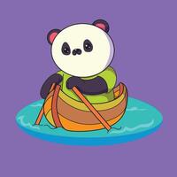 panda bear is riding a wooden boat. he holds a wooden paddle above the blue nair vector