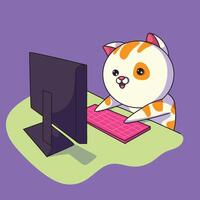 image of a cat in front of the monitor screen with both hands on the keyboard vector