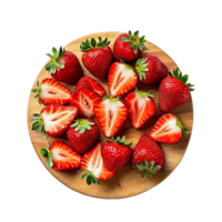 Assorted whole and sliced strawberries on wooden board png