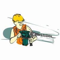 A man builder in a helmet with a drill. Isolated object by hand on a white background vector