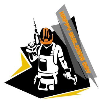 A man builder in a helmet with a drill. Isolated object by hand on a white background vector