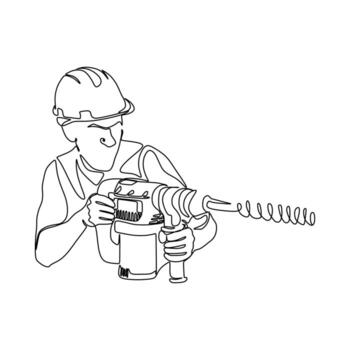 A man builder in a helmet with a drill. Isolated object by hand on a white background vector