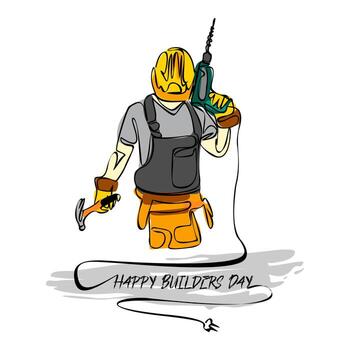 A man builder in a helmet with a drill. Isolated object by hand on a white background vector