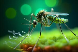 Mosquito on green grass with bokeh background, macro, photo