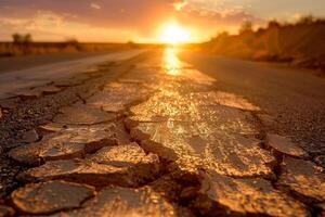 puesta de sol en un agrietado Desierto la carretera. foto