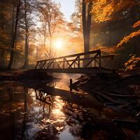 de madera puente terminado un pequeño río en el otoño bosque a puesta de sol foto