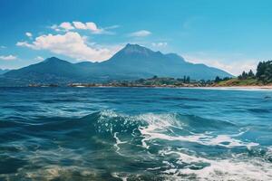 Beautiful view of the sea and mountains in the background. Toned. photo