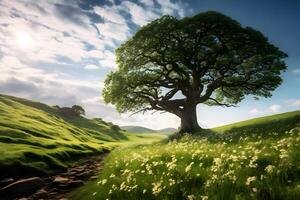 Lonely tree on a meadow in the morning light. photo