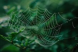 gotas de rocío en araña web en lozano verdor foto