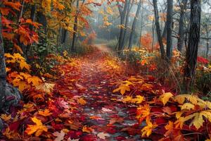 Vibrant Autumn Path Through Misty Forest photo