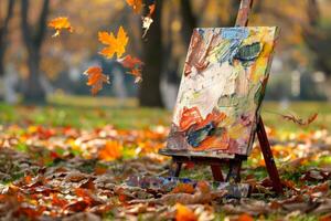 caballete y pintura en medio de otoño hojas foto